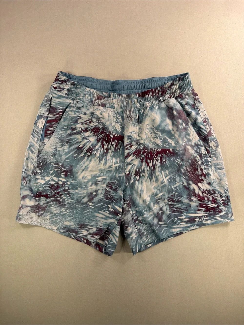 lululemon athletica Blue and Burgundy Splash Tie-Dye Swim Trunks